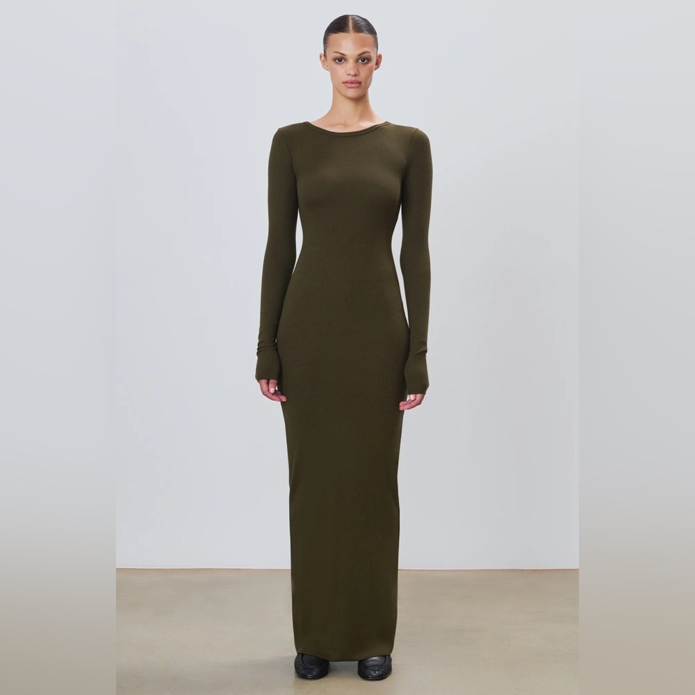 NWT moss green cotton modal Long Sleeve Crewneck Maxi Dress - Picture 2 of 12